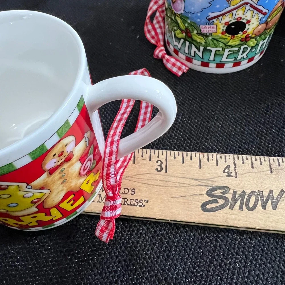 ME Ink Mary Engelbreit Mini Mug Christmas Ornaments Set of 4 Gingerbread Winter